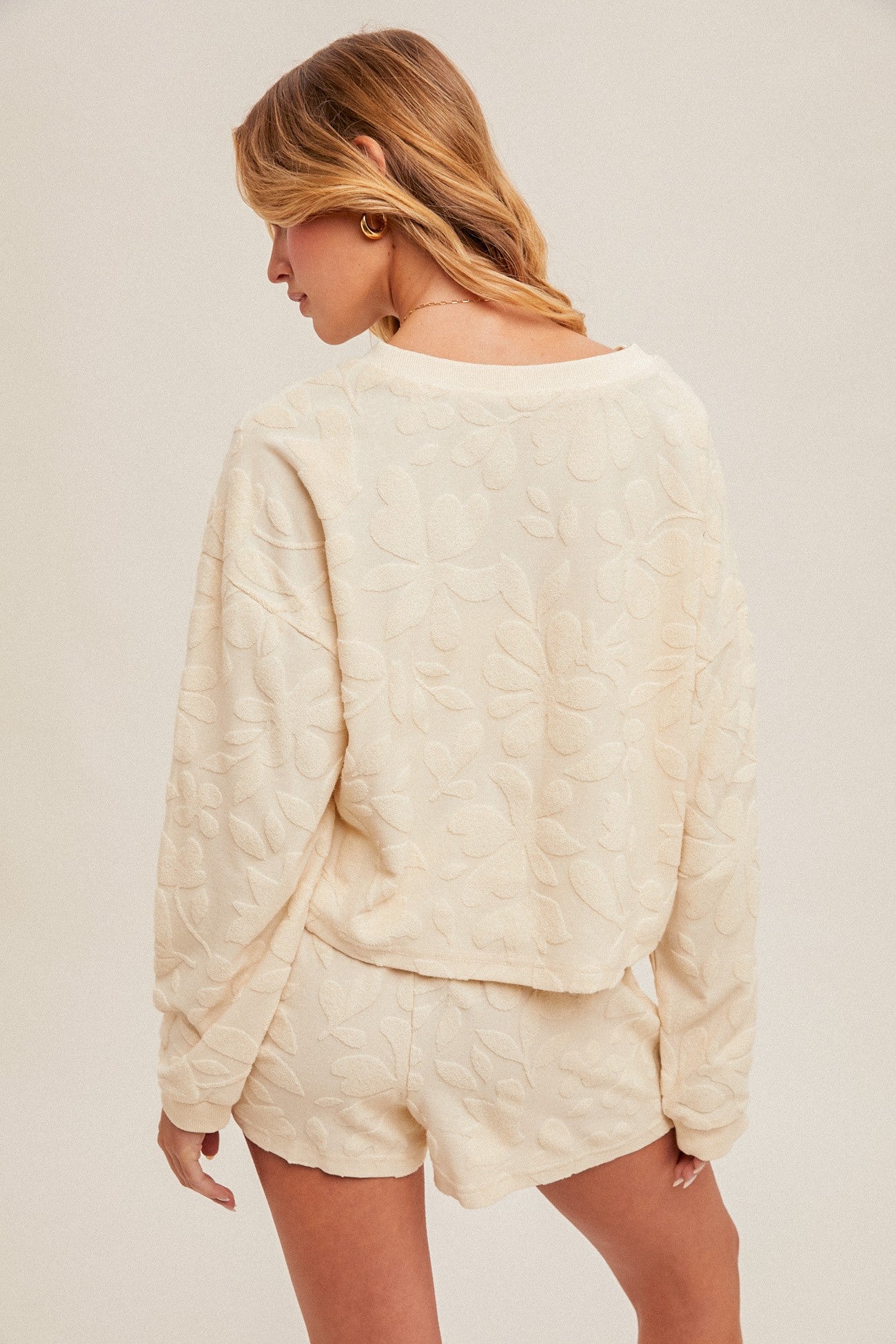 Terry Textured Floral Crop Pullover- Ecru