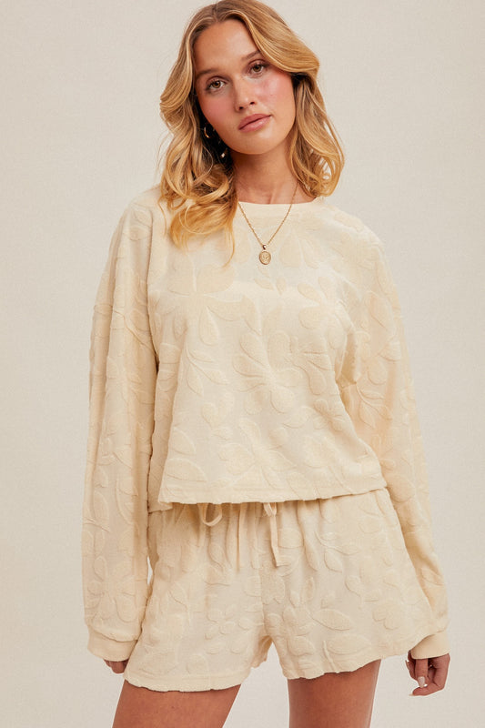 Terry Textured Floral Crop Pullover - Ecru