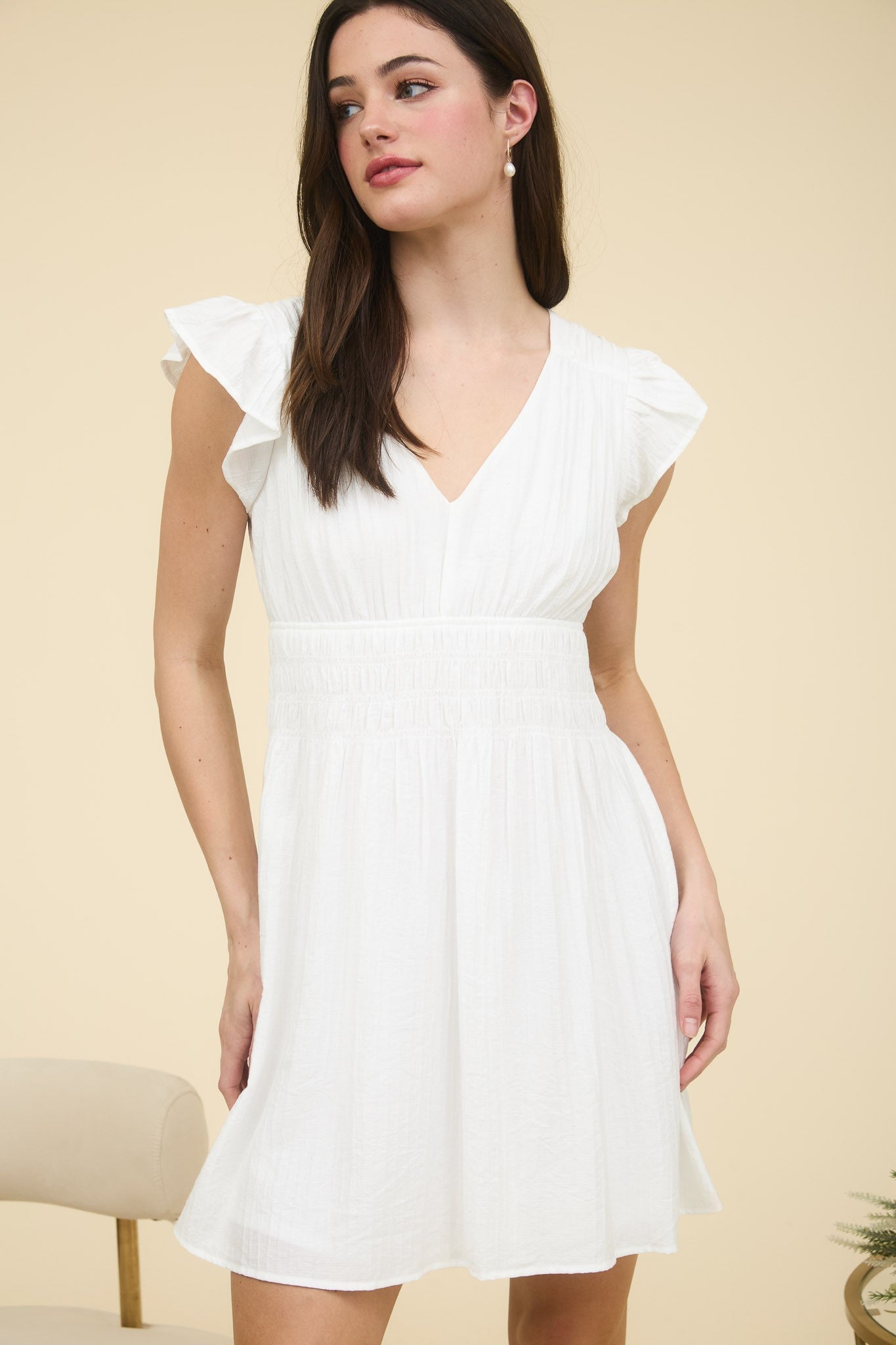 V Neck Flutter Sleeve Mini Dress