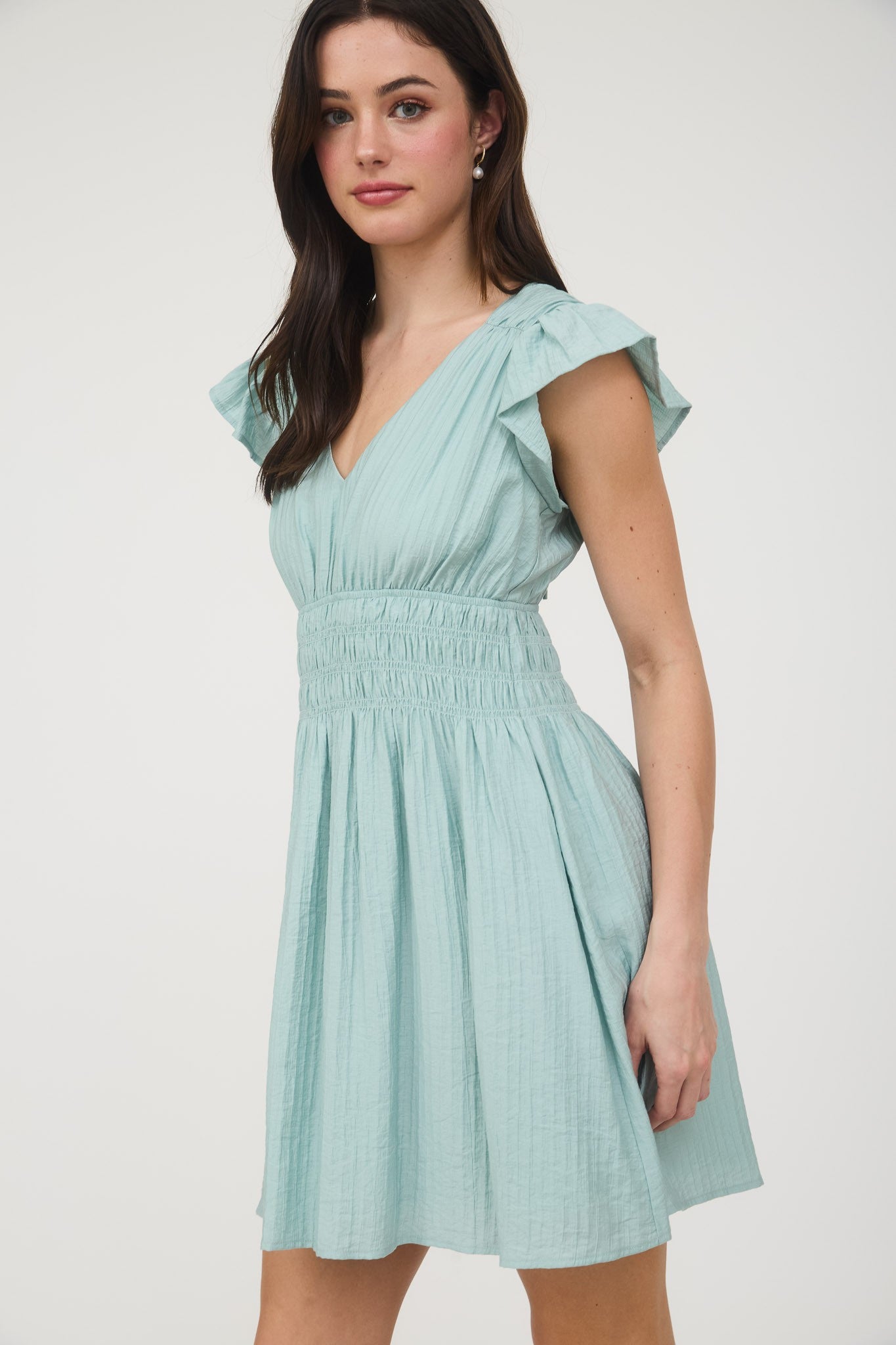 V Neck Flutter Sleeve Mini Dress