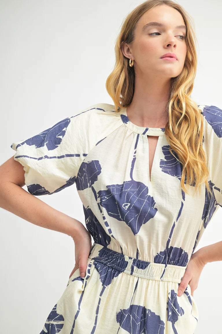 Flower Print Stacy Dress - Ivory/Blue
