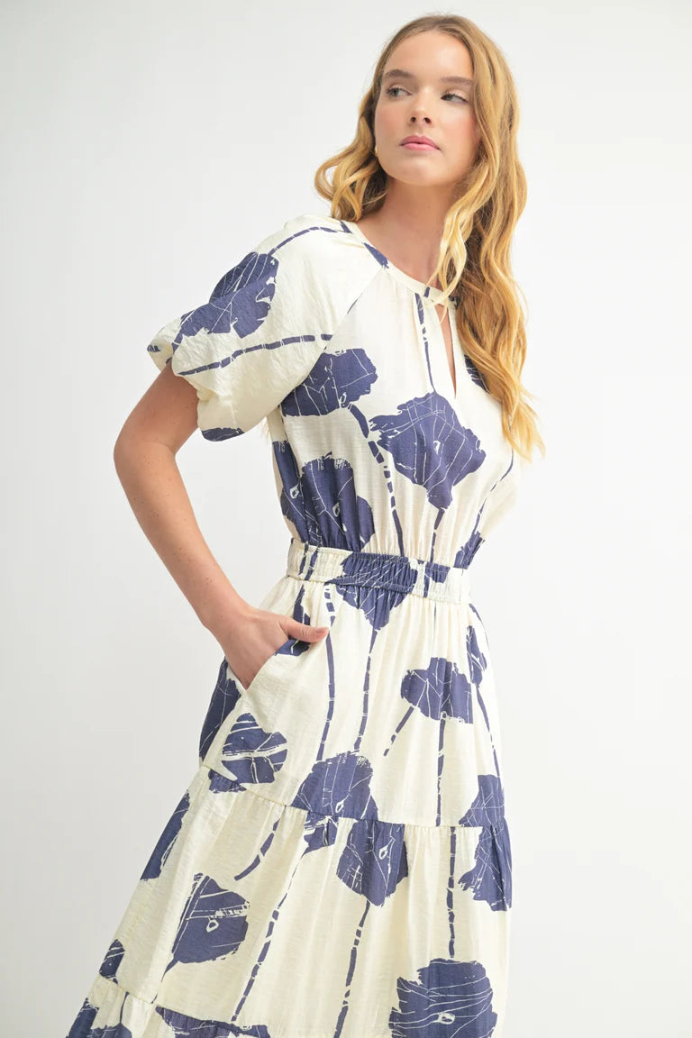 Flower Print Stacy Dress - Ivory/Blue