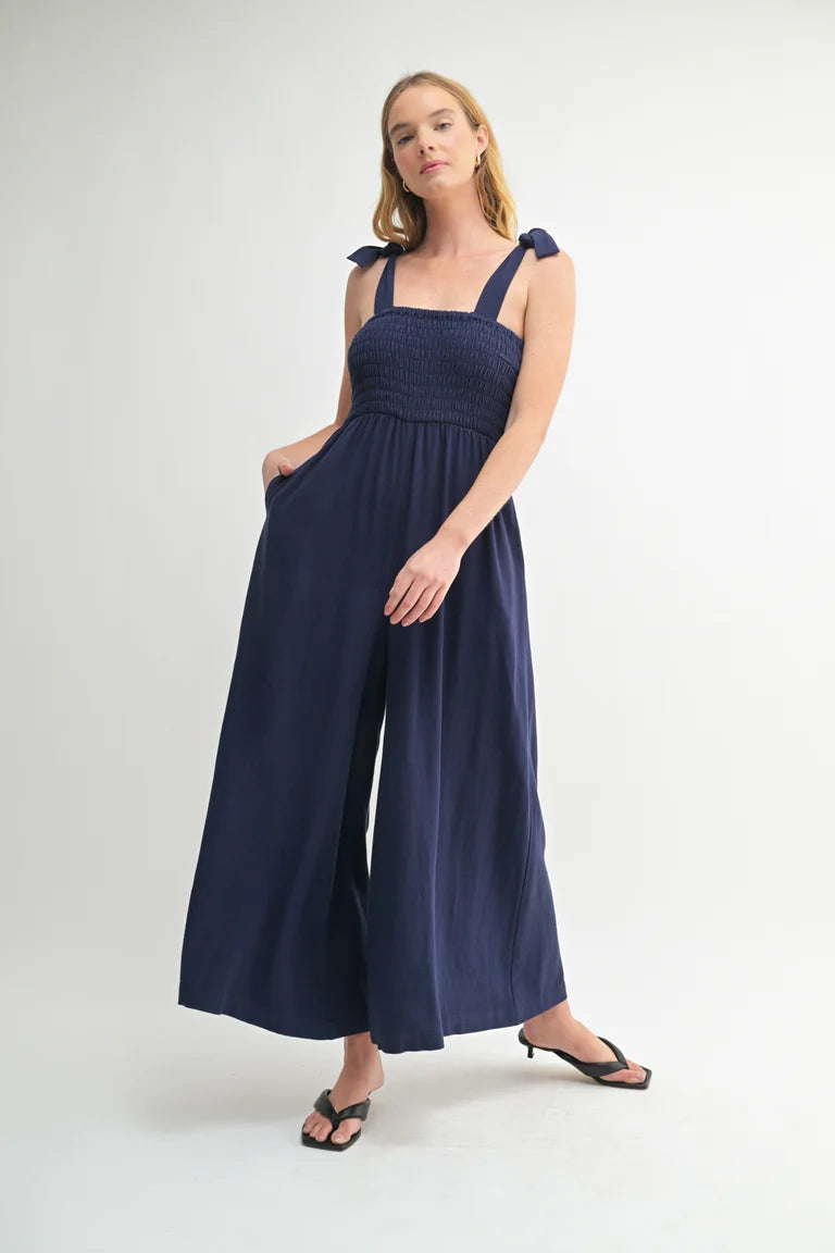 F2F Smocked Detail Jumpsuit - Navy