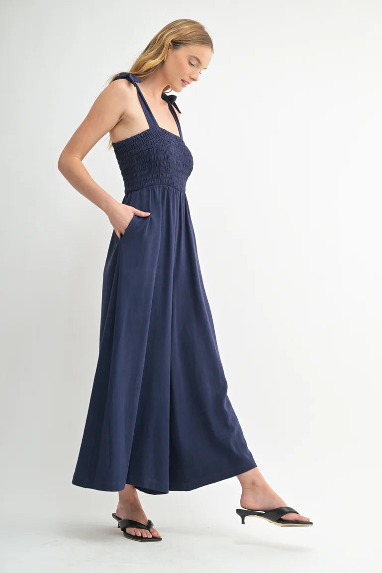 F2F Smocked Detail Jumpsuit - Navy