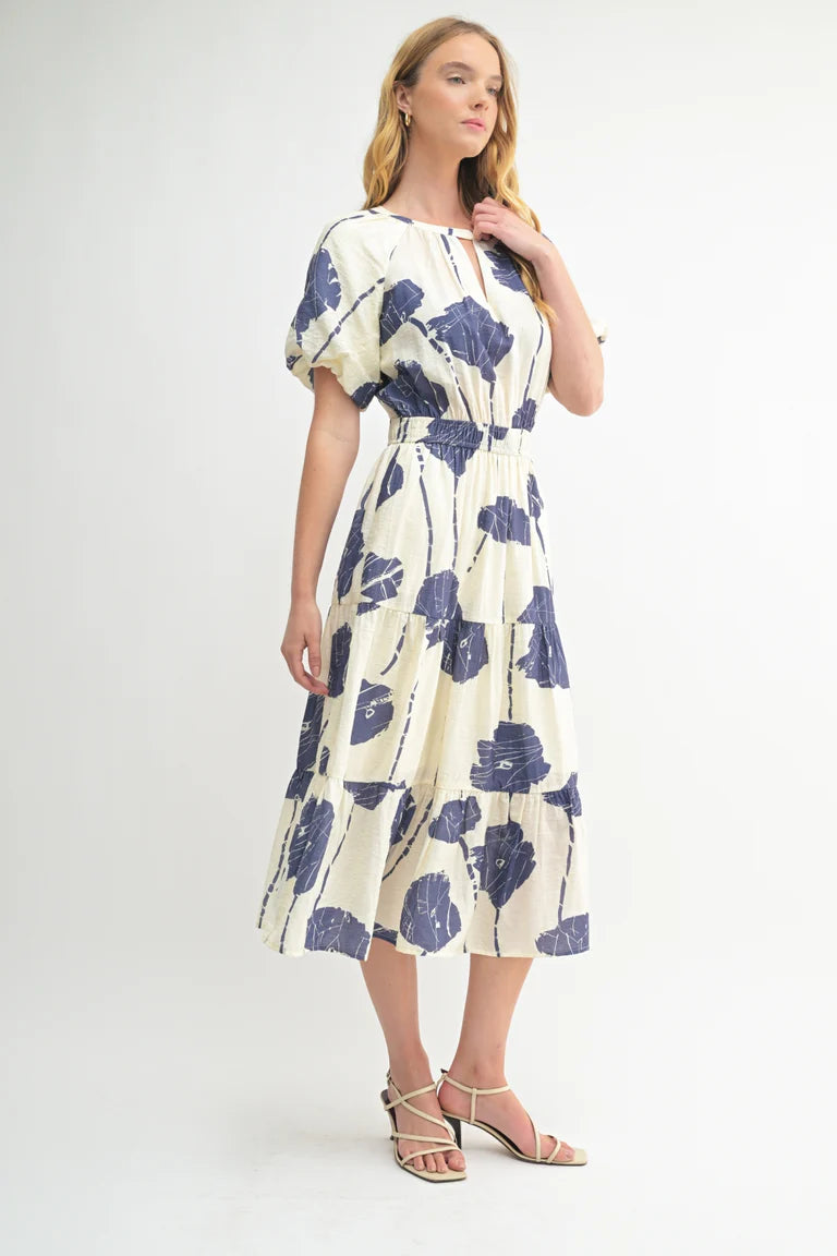 Flower Print Stacy Dress - Ivory/Blue