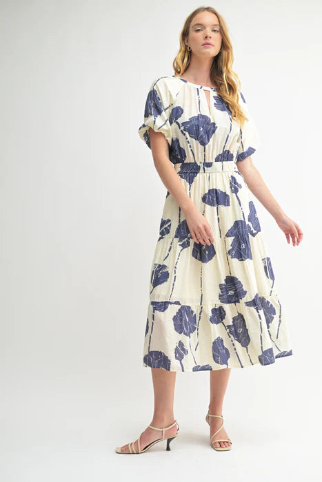Flower Print Stacy Dress - Ivory/Blue