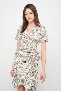 Abstract Print Wrap-Tie Satin Dress