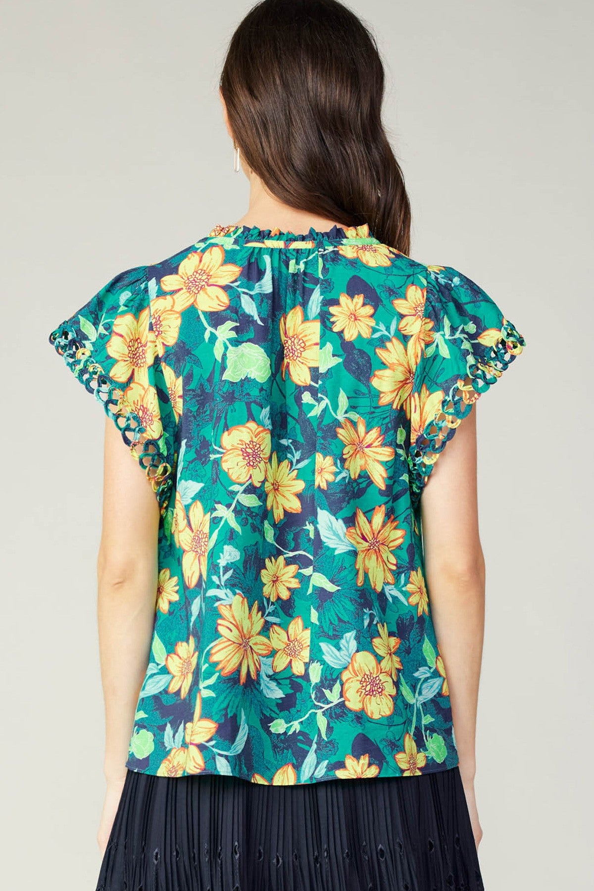 Current Air- Split Neck Blouse- Yellow Floral