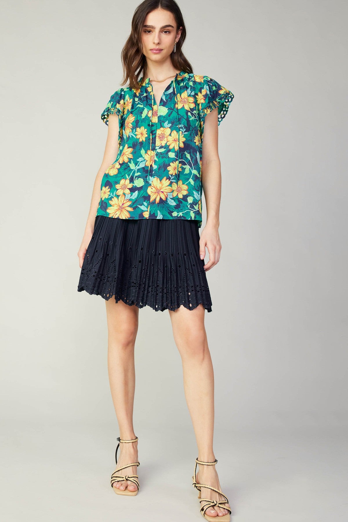 Current Air- Split Neck Blouse- Yellow Floral