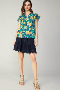 Current Air- Split Neck Blouse- Yellow Floral