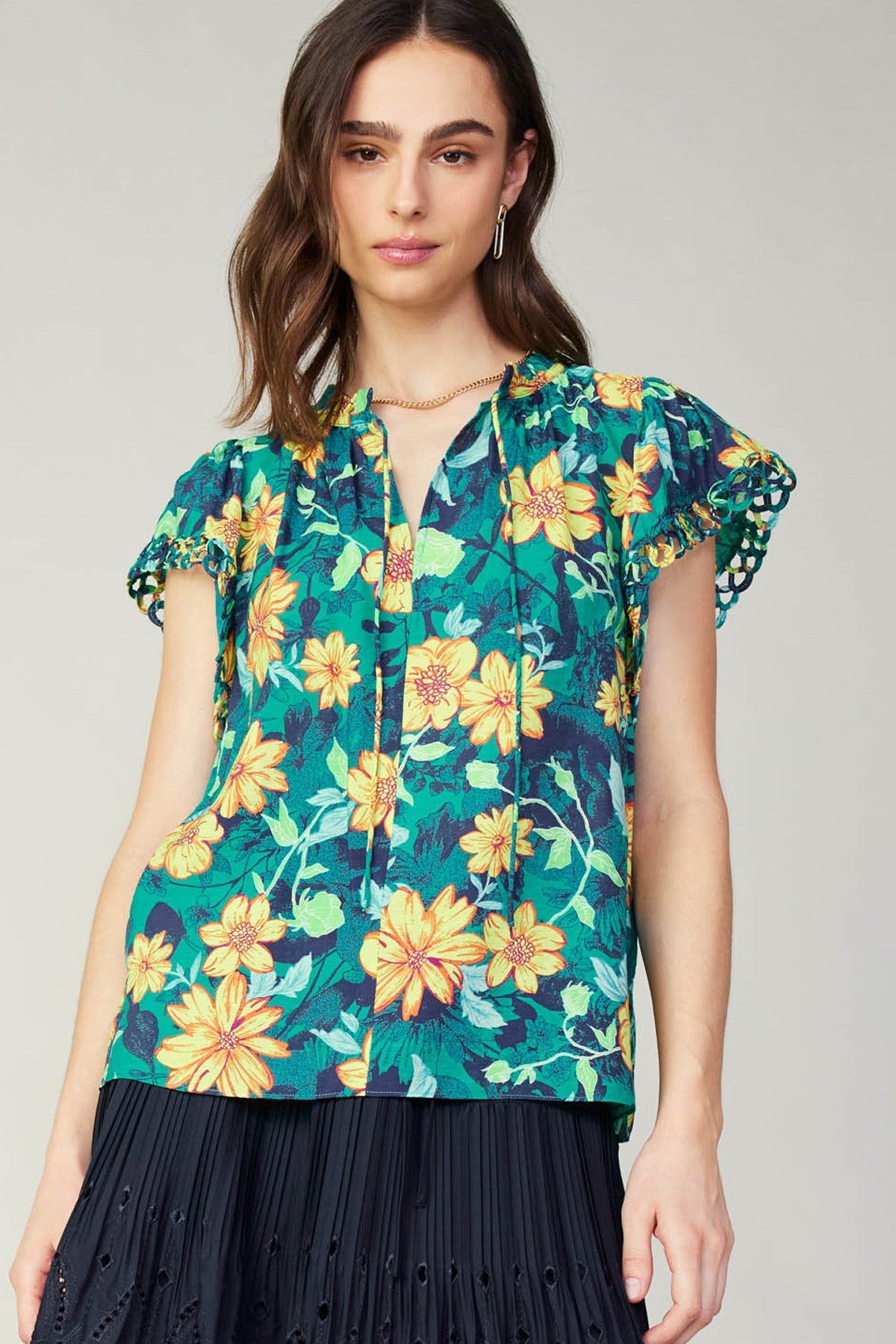 Current Air- Split Neck Blouse- Yellow Floral