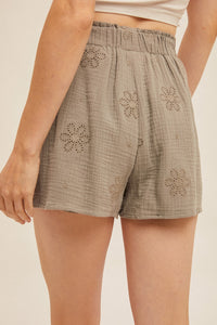 Eyelet Embroidery Gauze Short- olive